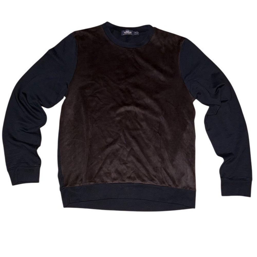 Topman Sweatshirt Mens Sz L Black Crew Neck Pullover Faux Suede Panel minimalist